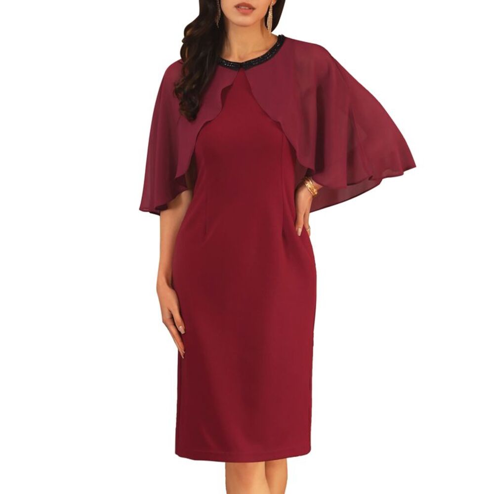 Wedding Guest Beaded Crewneck Cocktail Chiffon Cape Dress Burgundy